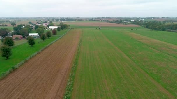 Luchtfoto Van Het Gedreun Van Amish Landbouwgronden Amish Zondag Vergadering — Stockvideo