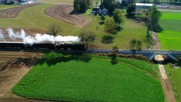 Aerial View Steam Passenger Train Puffing Smoke Amish Countryside Seen — Stock Video