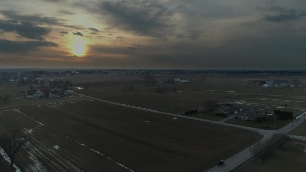 Aerial View Amish Farm Lands Sunset Stormy Winter Day Seen — Stok Video