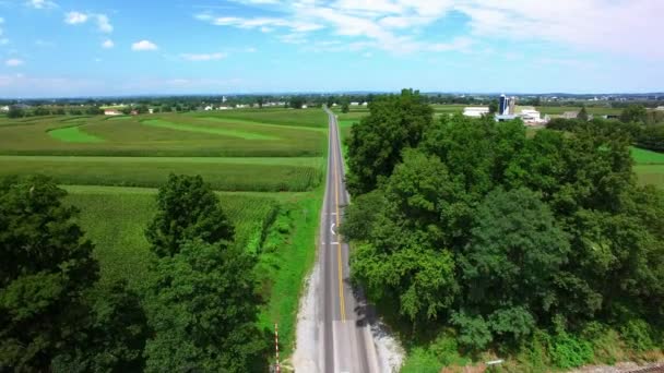 Train Tracks Amish Farmlands Seen Drone — Stock Video