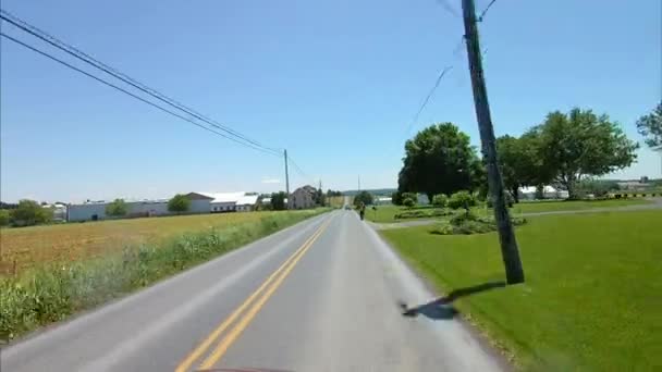 Rijden Langs Amish Platteland Kwam Een Paard Buggy — Stockvideo