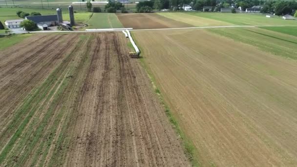 Aerial View Amish Farmer Seeding His Field Horses — Stock Video