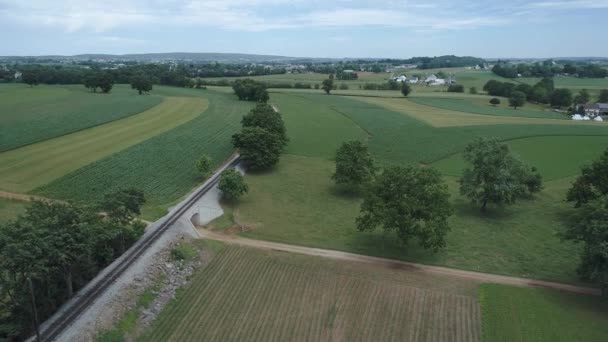 Aerial View Amish Farm Land Rail Road Track — Stock Video