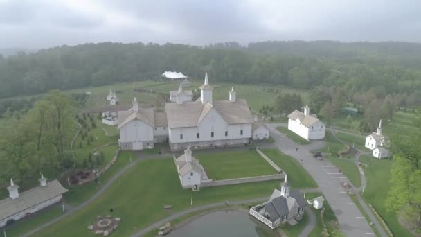 Aerial View Old Restored Barns Spring Day — Stock Video