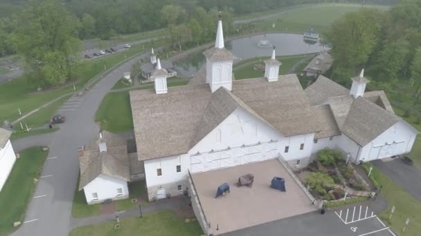 Aerial View Old Restored Barns Spring Day — Stock Video