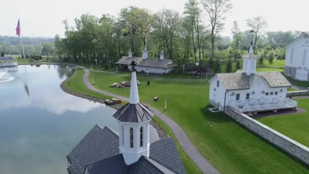 Aerial View Old Restored Barns Spring Day — Stock Video