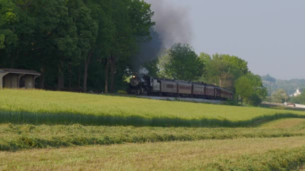 Vintage Steam Engine Train Passenger Cars Arriving Amish Countryside — Stock Video