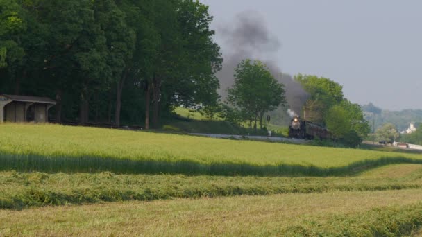 Vintage Steam Engine Train Passenger Cars Arriving Amish Country — стоковое видео