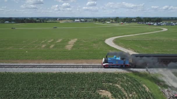 Aerial View Thomas Tank Engine Passenger Cars Puffing Amish Countryside — Stock Video