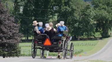 Strasburg, Pennsylvania, Haziran 2019 - Kırsal Yolda Aile Sürme ile Bir Amish Açık At ve Buggy