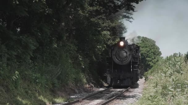 复古蒸汽机和古董客车接近头与一个完整的头蒸汽在阳光明媚的日子 — 图库视频影像