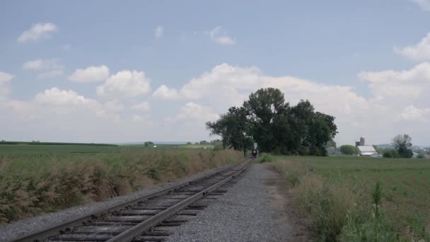 Treno Vapore Che Gonfia Lungo Campagna Amish — Video Stock