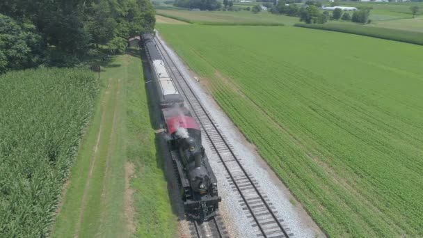 Aerial View 1910 Steam Engine Passenger Train Puffing Smoke Traveling — Stock Video