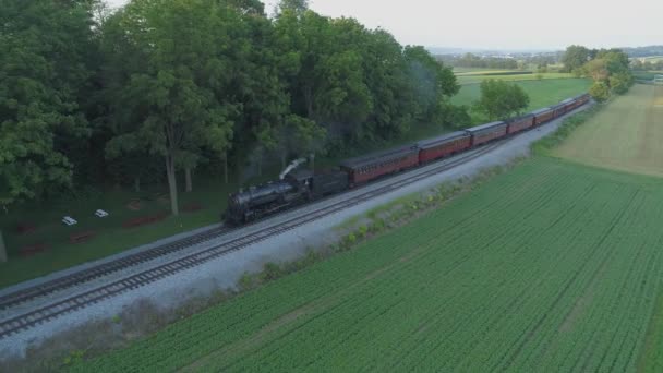 宾夕法尼亚州朗克斯 2019 1924 年蒸汽机的鸟瞰图 客运列车沿着阿米什乡村行驶 作为夏季日落的日落 由无人机看到 — 图库视频影像
