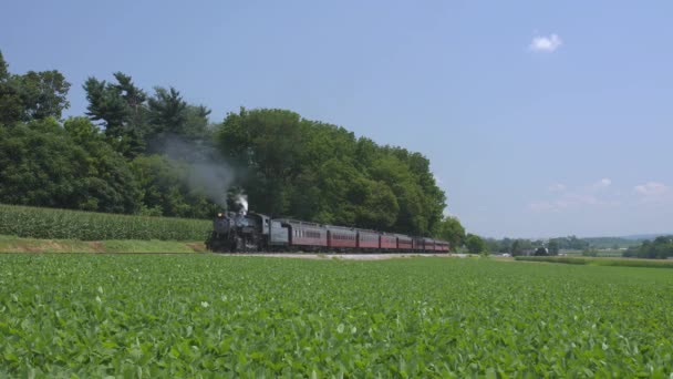 1924 Steam Engine Passenger Train Puffing Smoke Traveling Amish Countryside — Stock Video