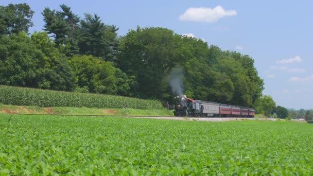 ロンクス ペンシルベニア州 2019年7月 晴れた夏の日にアーミッシュの田園地帯に沿って黒い煙を吹き飛ばして駅に引っ張る旅客列車と1910蒸気機関 — ストック動画