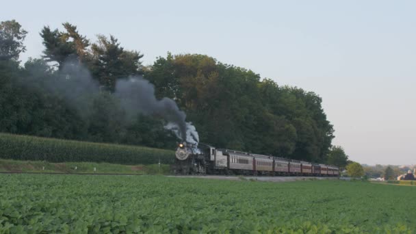 夏の日にアーミッシュの田園地帯を走行する旅客列車が煙を吐き出す1924年の蒸気機関 — ストック動画