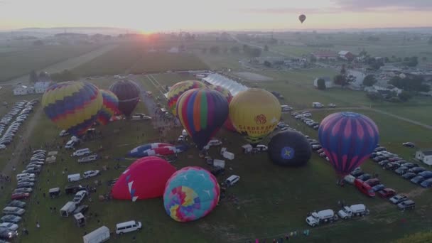 Vista Aérea Amanecer Globos Aire Caliente Despegando Festival Globos Una — Vídeos de Stock