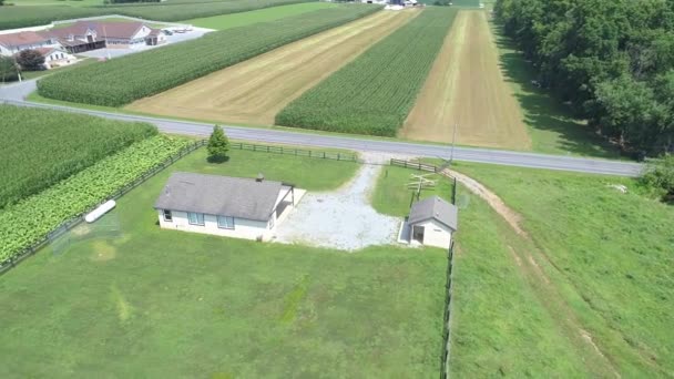 在阳光明媚的夏日 阿米什农场与阿米什一室学校房子的鸟瞰图 — 图库视频影像