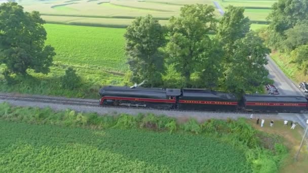 Strasburg Pennsylvania August 2019 Aerial View Steam Train 611 Puffing — Stock Video