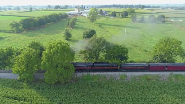 Strasburg Pennsylvania August 2019 Aerial View Steam Train 611 Puffing — Stock Video