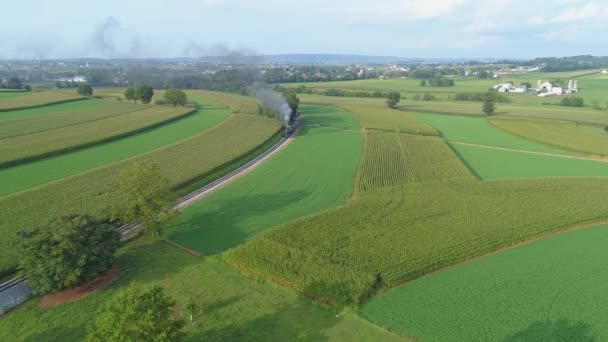 Uma Vista Aérea Trem Vapor Fumaça Soprando Através Campo Fazenda — Vídeo de Stock