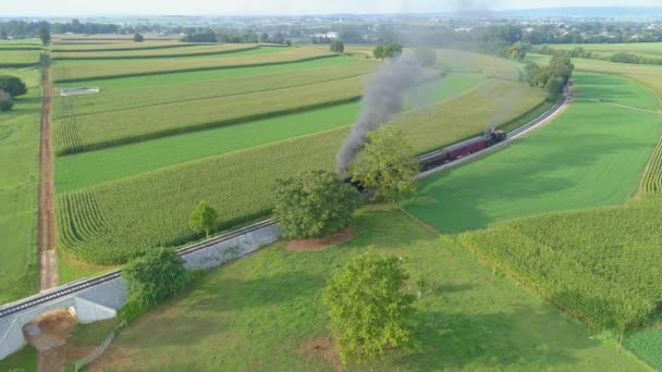2019年8月 宾夕法尼亚斯特拉斯堡 阳光明媚 绿地夏日 一辆611号蒸汽火车在农场郊区喷出浓烟的空中景观 — 图库视频影像