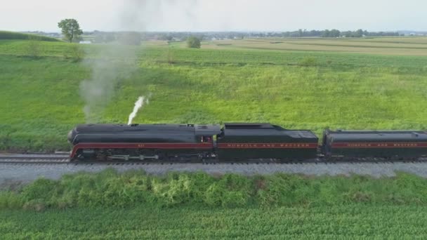 Strasburg Pennsylvania August 2019 Aerial View Steam Train 611 Puffing — Stock Video