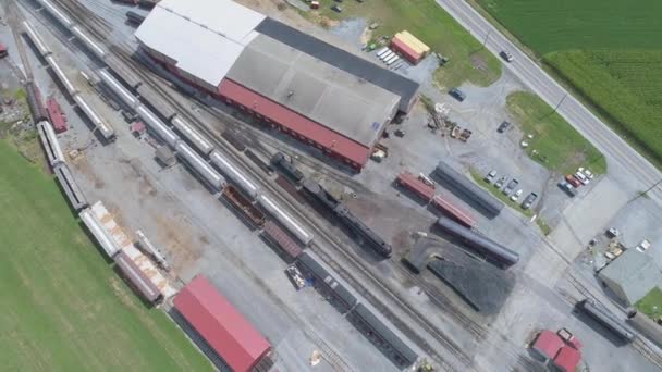 Strasburg Pennsylvania August 2019 Aerial View Train Yard Steam Engine — Αρχείο Βίντεο