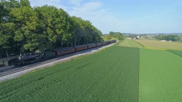 Strasburg Pennsylvania August 2019 Aerial View Approaching Steam Passenger Train — Stock Video