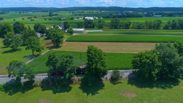 Luftaufnahme Einer Antiken Dampfmaschine Und Caboose Die Über Grüne Farmen — Stockvideo