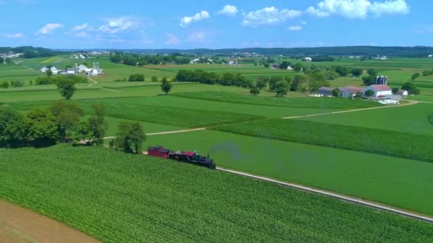 Luftaufnahme Einer Antiken Dampfmaschine Und Caboose Die Über Grüne Farmen — Stockvideo