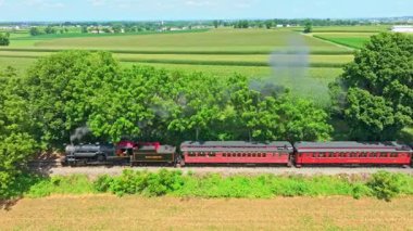 Paradise, Pennsylvania, 8-8-2025 - A steam train travels along a railway surrounded by vibrant green fields and trees under a clear sky. The countryside's beauty enhances the nostalgic experience of the ride.