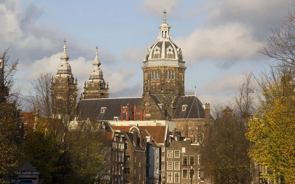 アムステルダム オランダの秋の木の上の聖ニコラス教会の塔 — ストック写真