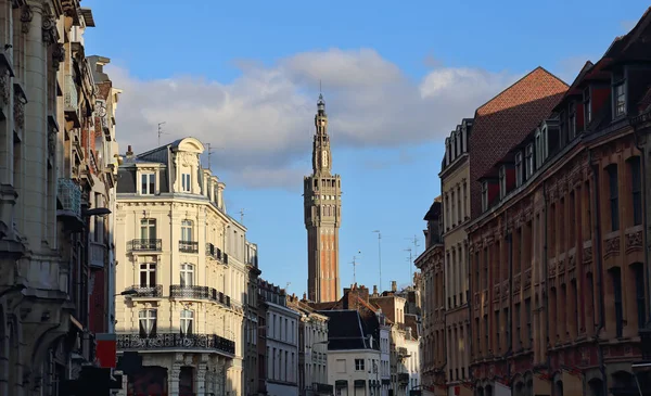 Campanario Del Ayuntamiento Lille Francia Contra Cielo Azul Por Noche — Foto de Stock