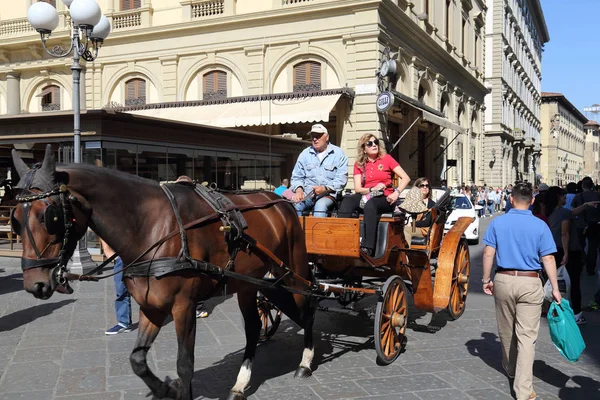 Firenze Settembre 2017 Turisti Carro Trainato Cavalli Attraversano Una Storica — Foto Stock