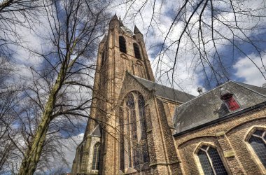Oude Kerk (eski Kilisesi) ve bir güneşli kış gününde ağaçlarda Delft, Hollanda