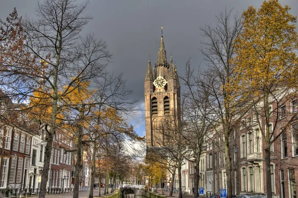 Oude Kerk Bomen Delft Holland Herfst — Stockfoto