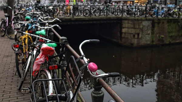 紫の自転車のベル その他の多くの自転車は オランダのアムステルダムの運河沿いの手すりに駐車 — ストック写真
