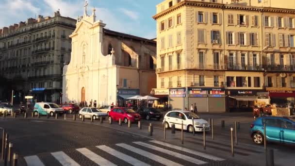 Traffic Moves Quai Des Belges Historical Buildings Marseille France September — Stock Video