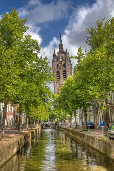 Canal Leaning Tower Old Church Delft Holland — Stock Photo, Image