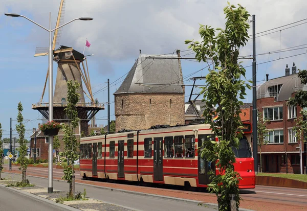 Tram Windmill Other Historical Buildings Delft Holland — Stock Photo, Image