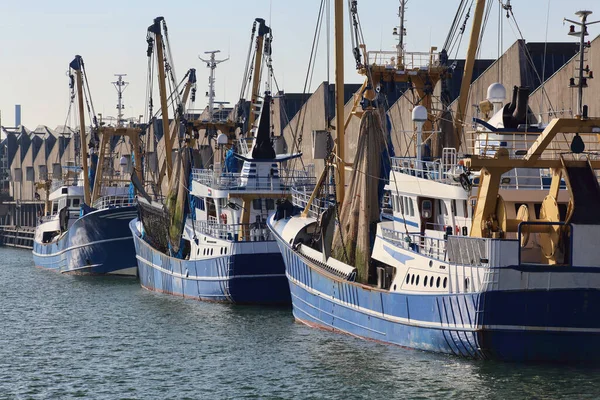 Fishing Trawlers Fish Warehouses Harbor Scheveningen Holland — Stock Photo, Image