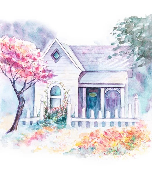 House in the Spring. Watercolor illustration.