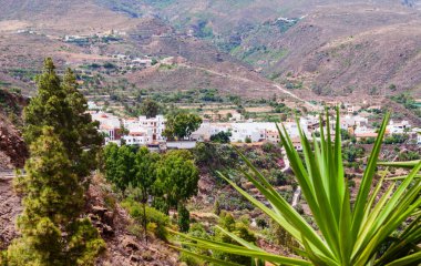 Panoramik Barranco de Fataga, Gran Canaria, Kanarya Adaları, İspanya.