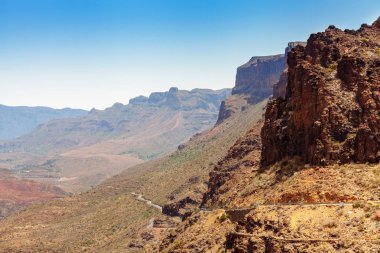 Panoramik Barranco de Fataga, Gran Canaria, Kanarya Adaları, İspanya.