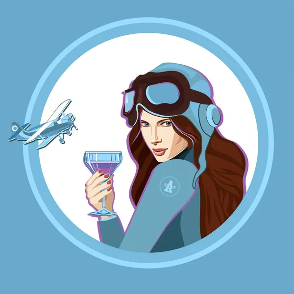 Meisje Een Blauwe Pak Met Een Glas Van Cocktail Luchtvaart — Stockvector