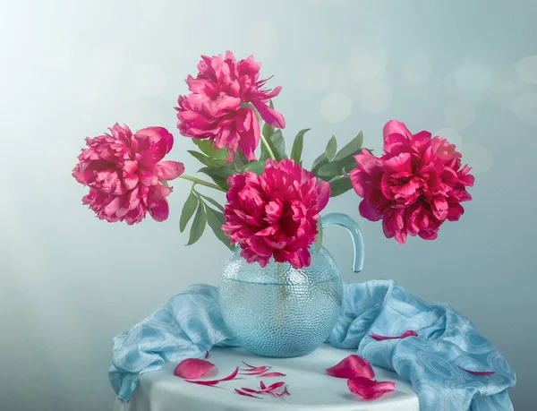 Still Life Beautiful Pink Peonies Glass Vase — Stock Photo, Image