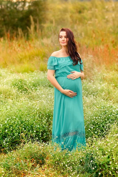 Piękna kobieta w ciąży w zielonej sukni stoi w ogrodzie wierzby w letni dzień — Zdjęcie stockowe