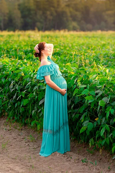 Bella donna incinta in un abito verde si trova nel giardino di salice e guarda lontano per il sole al tramonto — Foto Stock